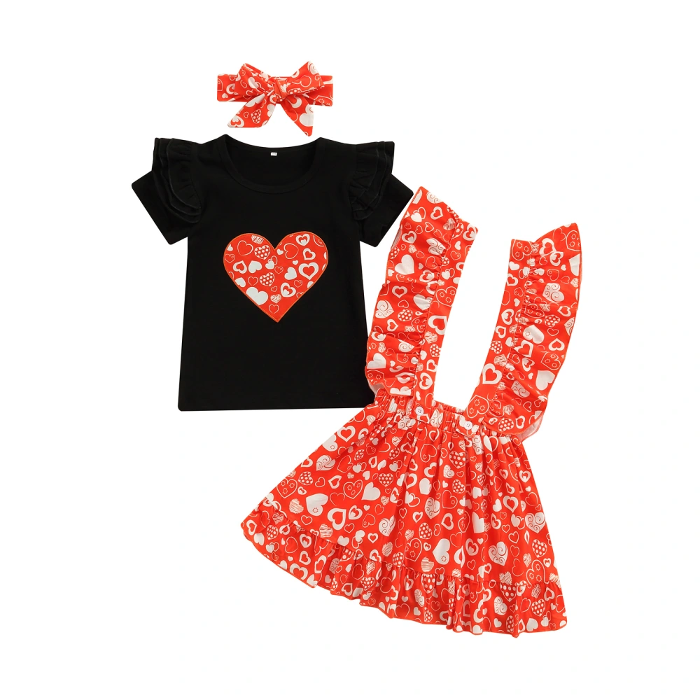 Baby Short Sleeve Round Neck Heart Tops Suspender A-Lined Skirt 