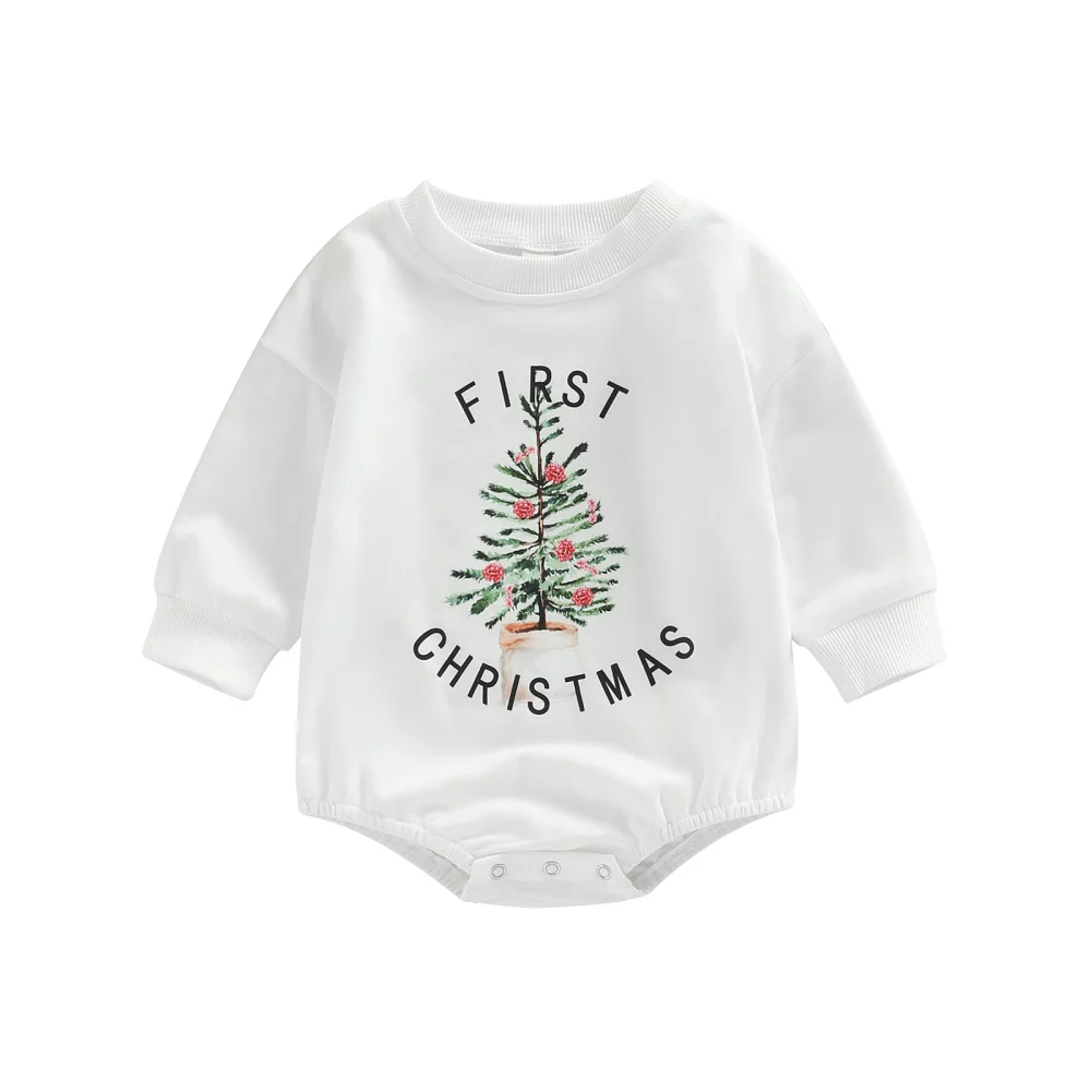 Boys Girls Christmas Romper, Long Sleeve Letters Tree Print Bodysuit