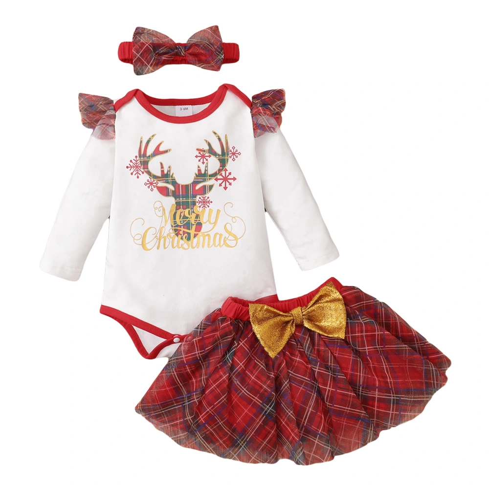 Kid Long-Sleeve Elk Christmas Tops Loose Spring Plaid Skirt Suit