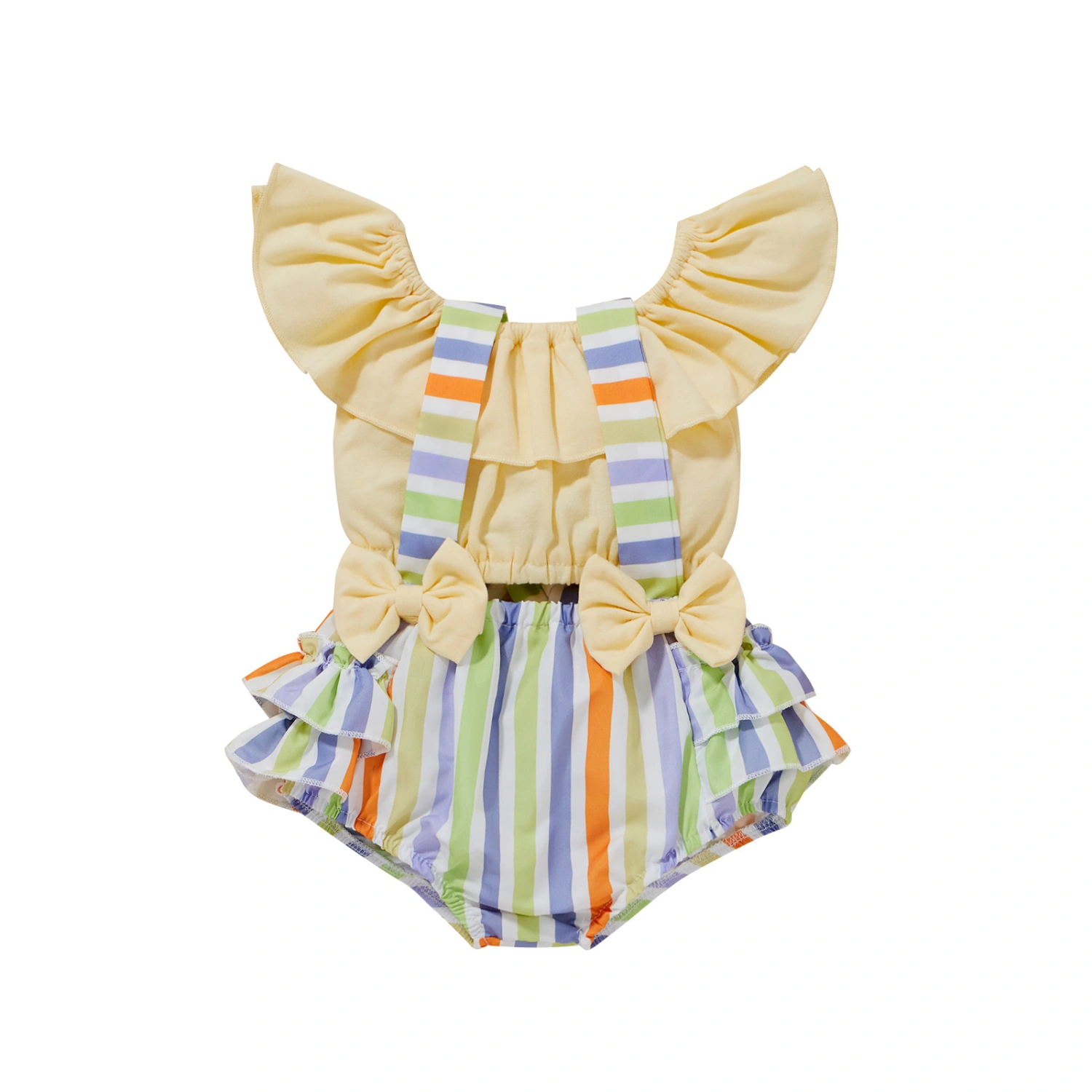 Infant Ruffle Romper with Bow Decoration, Color Block Stripe Clothing