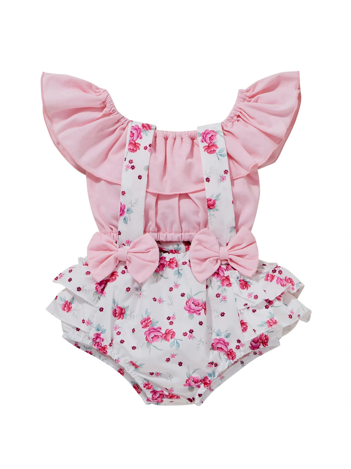 Infant Ruffle Romper with Bow Decoration, Color Block Stripe Clothing