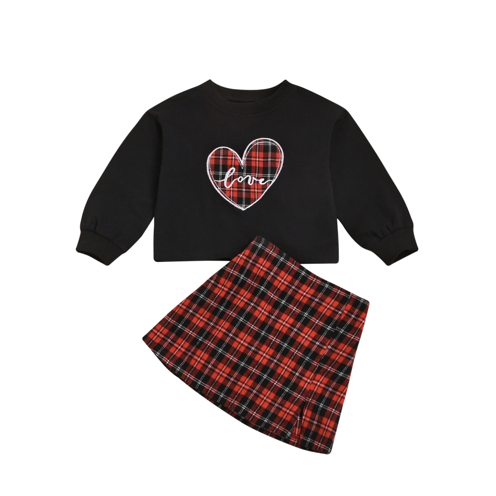 Girl’s 2Pcs Clothes Suit, Pullover Sweater Top with Black and Red Checked Skirt