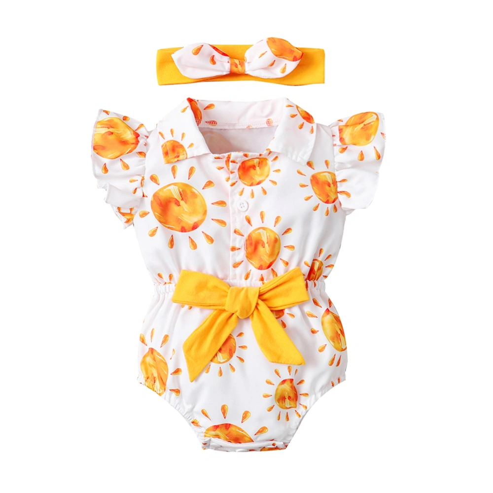 Summer Sun Print Turn-Down Collar Fly Sleeve Baby Romper+ Hairband