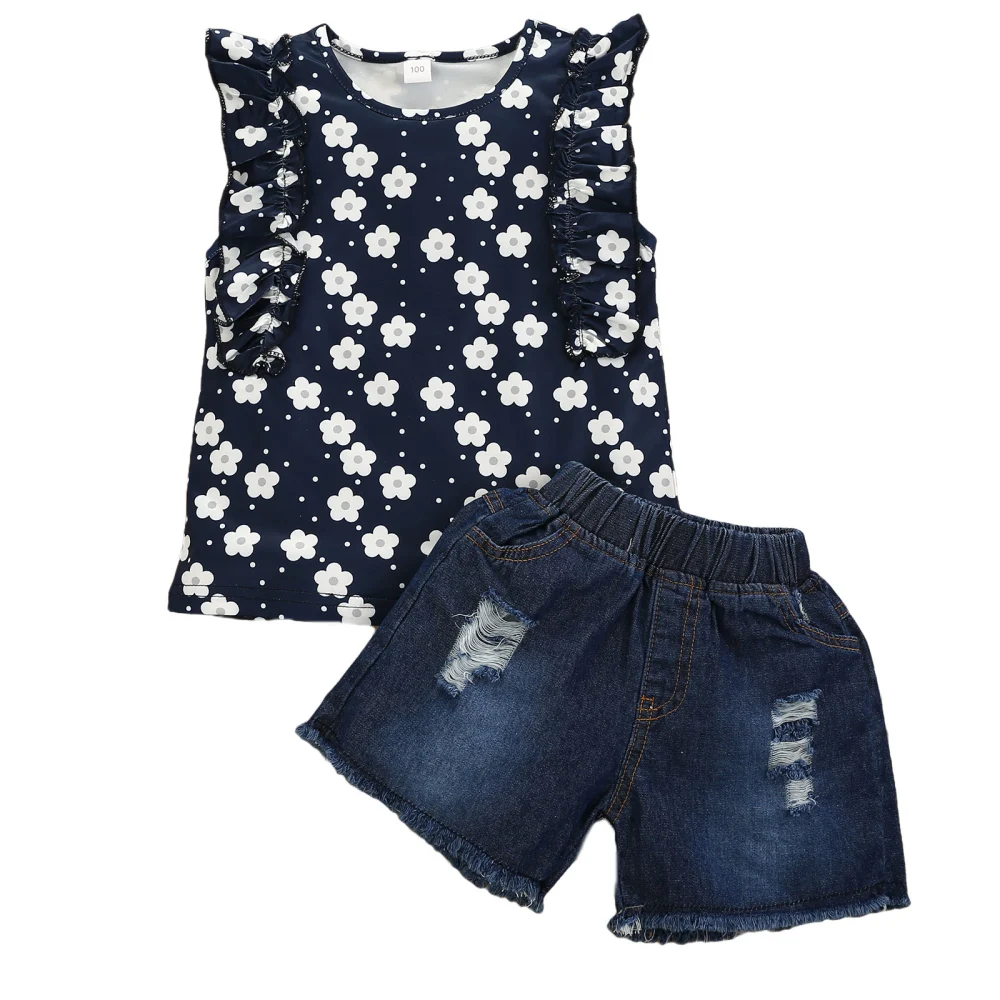 Little Girls Outfit, Sleeveless Round Collar Top, Denim Shorts