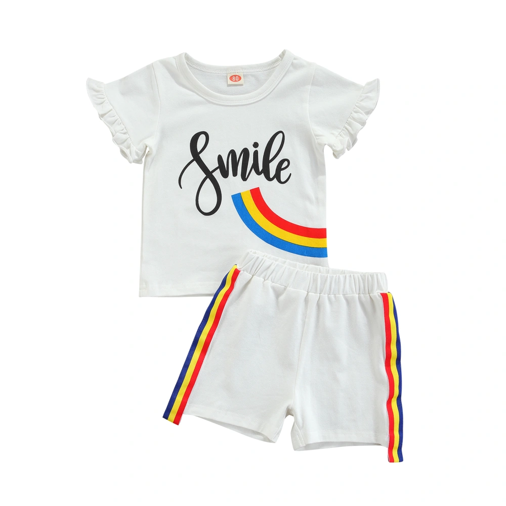 Girl Rainbow Print Clothes Set, Ruffle Sleeve T-shirt+Short Pants