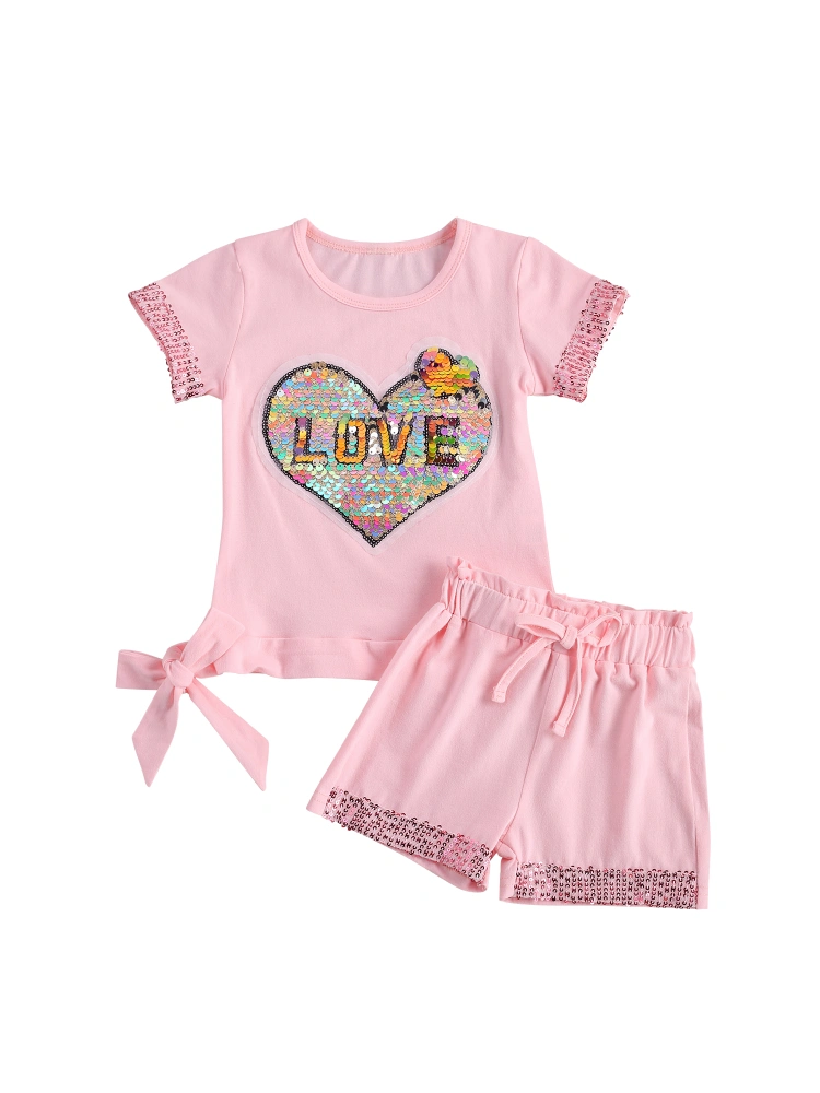 2 Pcs Girl's Suit, Short Sleeve Sequins Heart Print T-shirt, Elastic Shorts