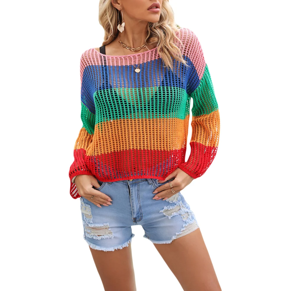 Women T-shirt, Long Sleeve Hollowed Contrast Color Cover-up Pullover