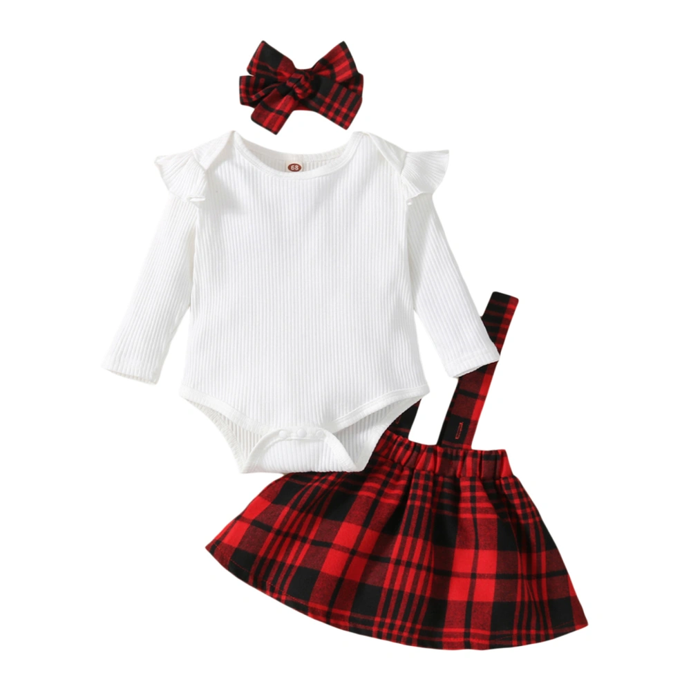 Infant 3 Pieces Outfit, Solid Color Romper + Plaid Skirts + Headband