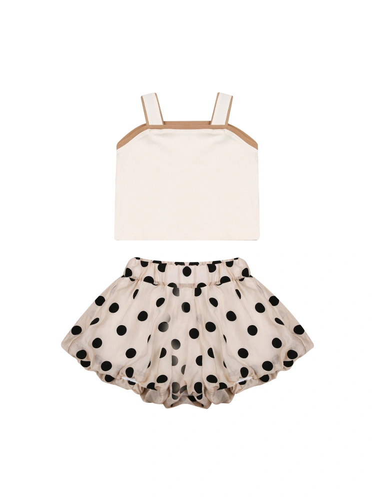 Girl’s Summer Solid Color Suspender Top and Polka Dot Short Pants