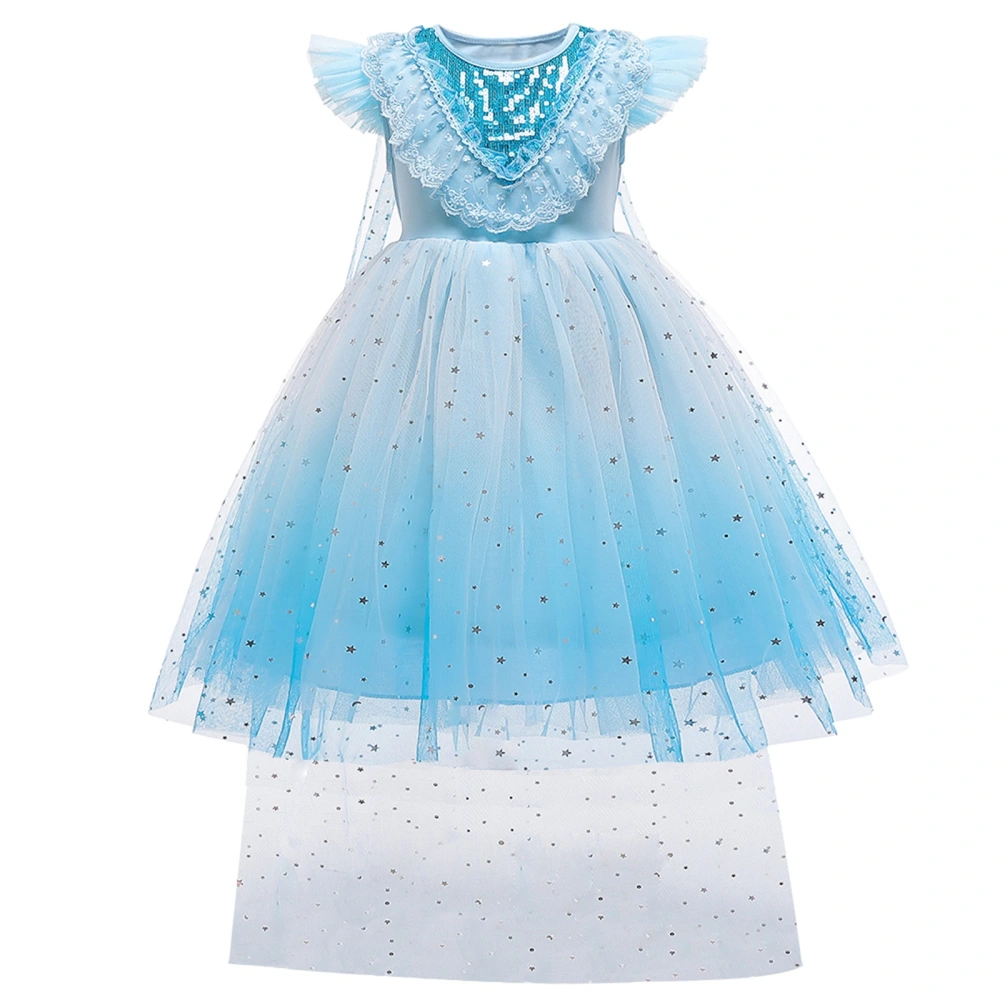 Girls Formal Princess Dress, Blue Round Collar Big Hem One-piece