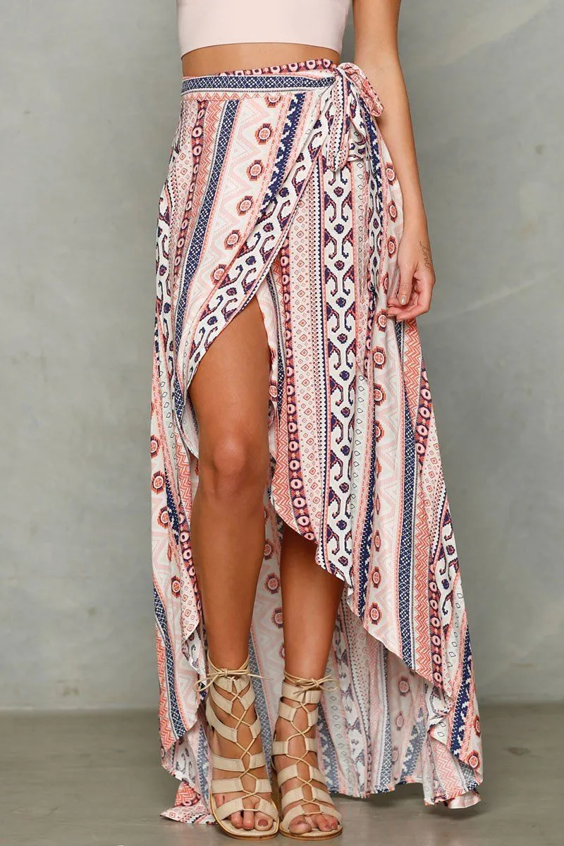 Women Summer Slit Long Skirt, Printed Irregular Vintage Boho Beach Skirt