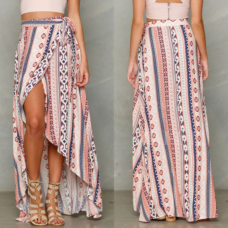 Women Summer Slit Long Skirt, Printed Irregular Vintage Boho Beach Skirt