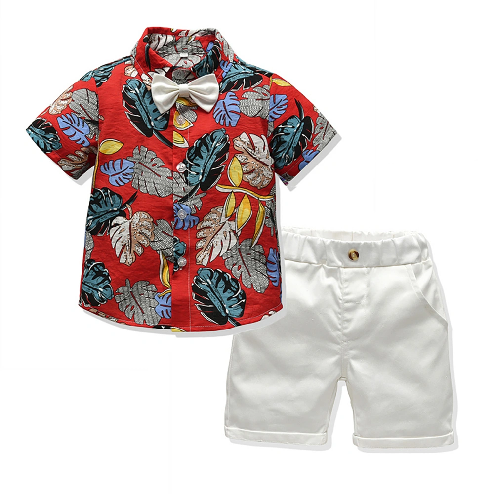 Boy’s Printed 2Pcs Suit, Short Sleeve Bow Tie Shirt with Solid Color Shorts