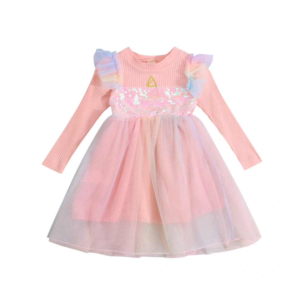 Little Girls Sequins Dress, Mesh Splicing Long Sleeve Princess Skirt