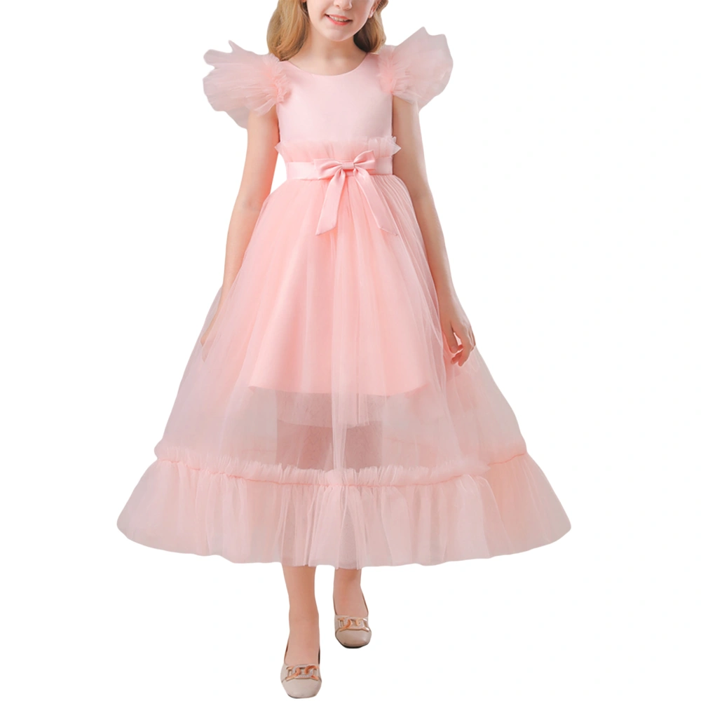 Girls Summer Flying Sleeve O Neck Backless A-line Tulle Ball Dress