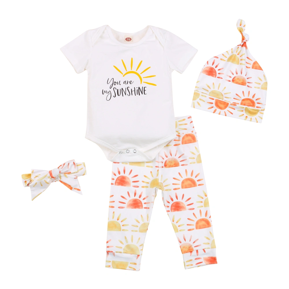 Baby 4Pcs Spring Outfits, Cartoon Romper + Pants + Hat + Headband