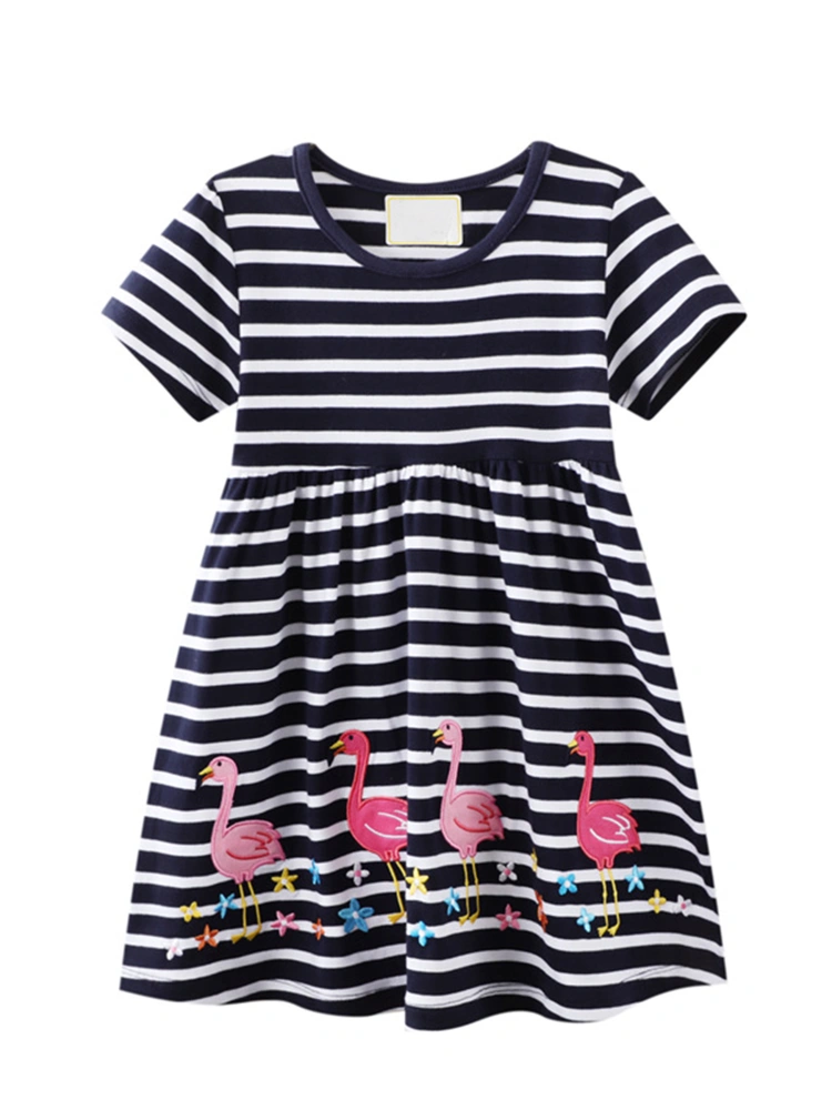 Girl's Dress, Cute Cartoon Print Short Sleeve Round Neck Stripe Dress