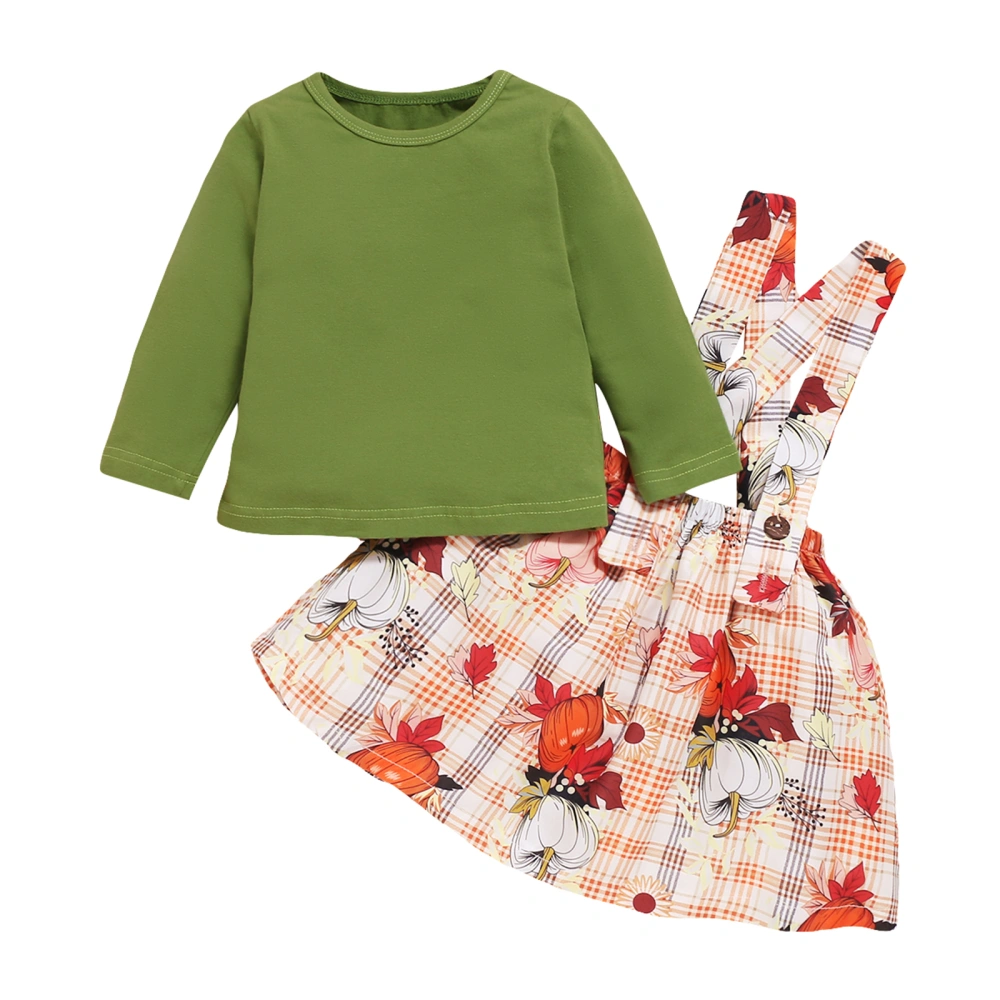 2Pcs Toddler Outfit, Long Sleeve T-Shirt + Pumpkin Suspenders Skirt