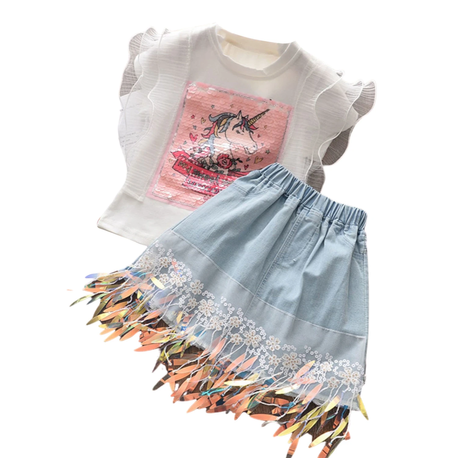 Girl's Clothing Set, Cartoon Print Round Neck Top and Denim Skirt Two-piece Suit