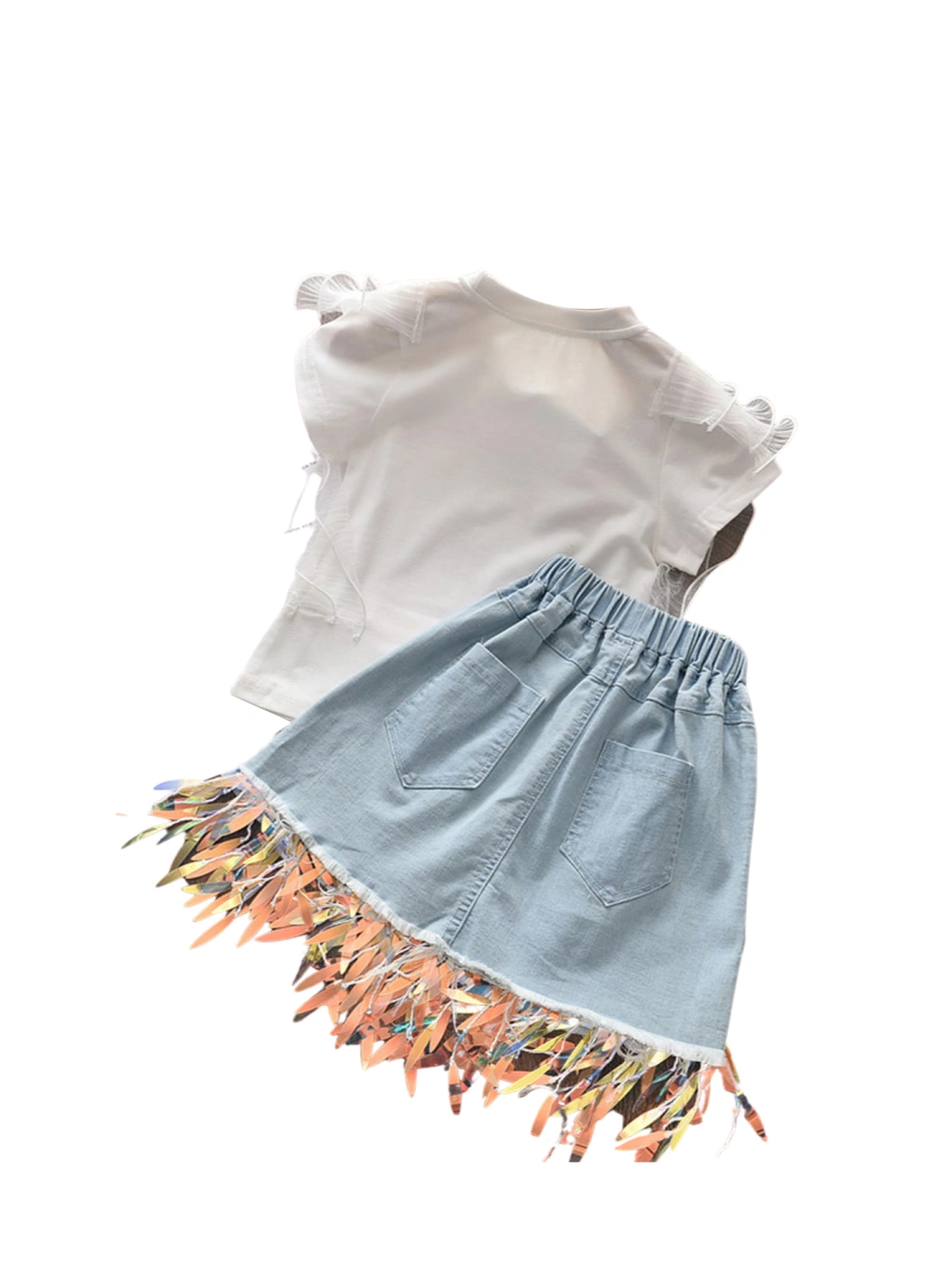 Girl's Clothing Set, Cartoon Print Round Neck Top and Denim Skirt Two-piece Suit