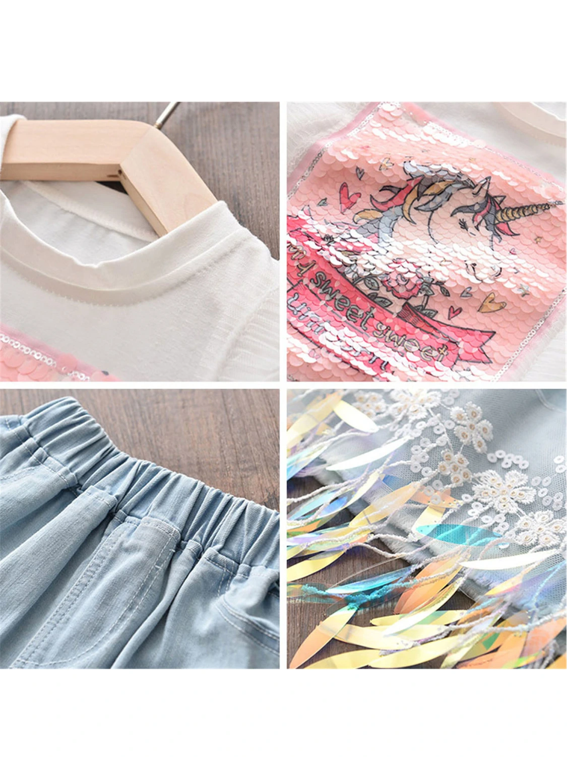 Girl's Clothing Set, Cartoon Print Round Neck Top and Denim Skirt Two-piece Suit