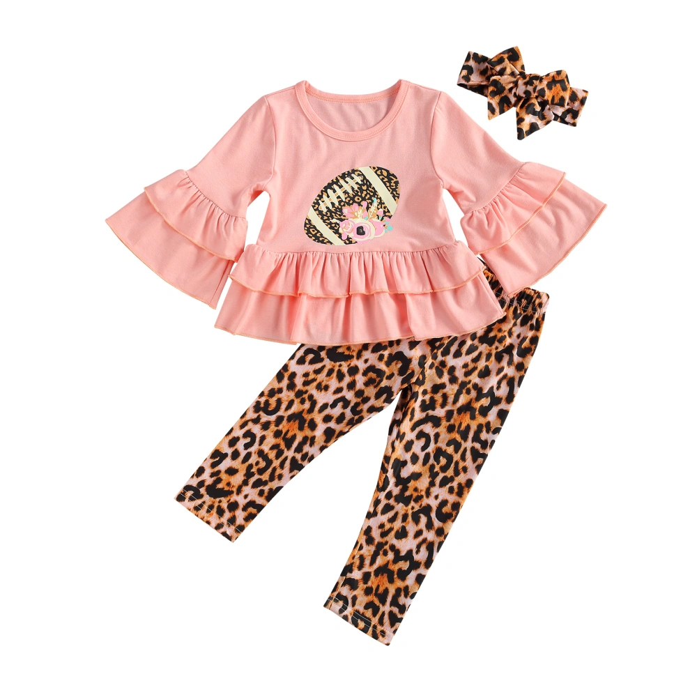 Leopard Print Tops with Ruffle+Elastic Waist Trousers+Headband