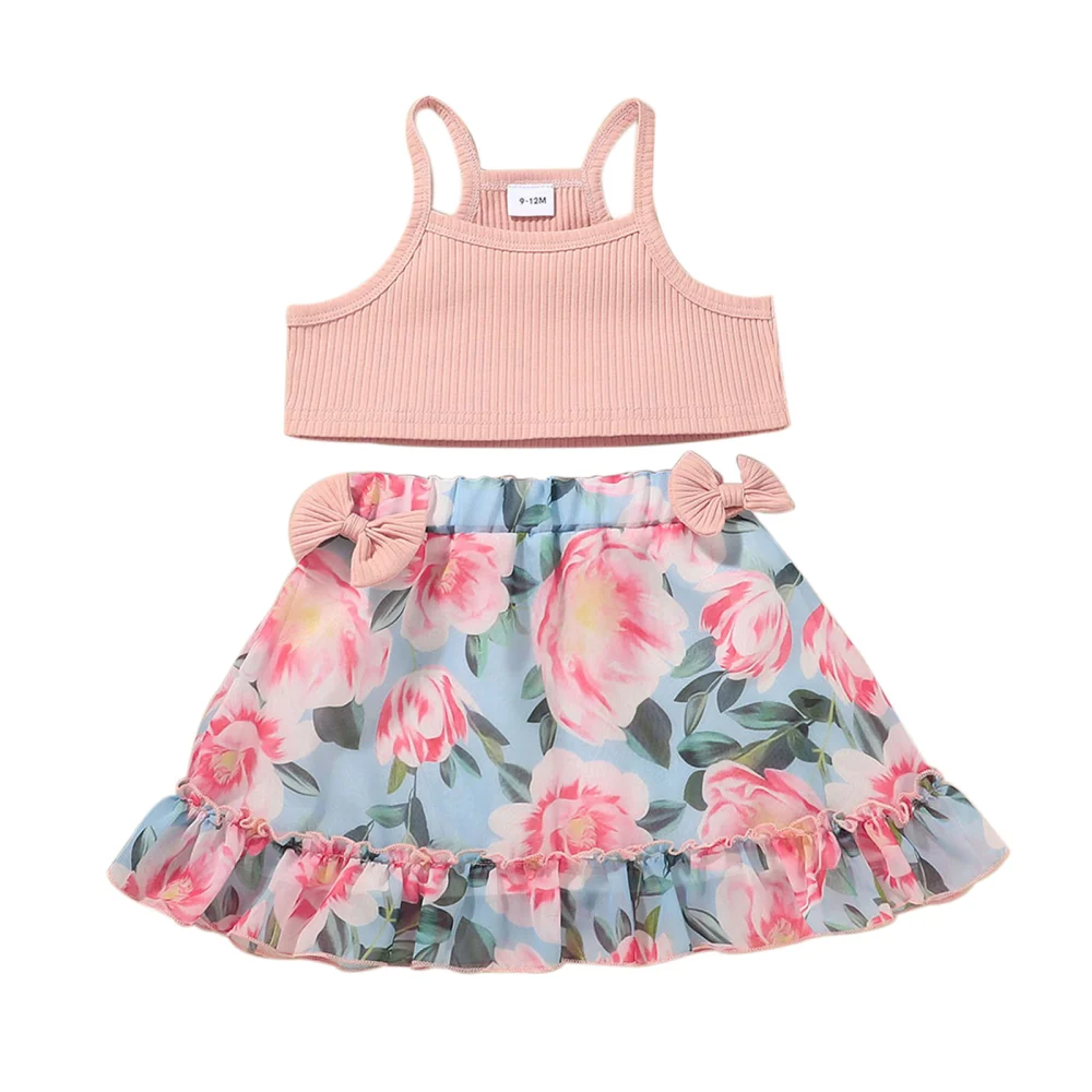 Toddler Summer Outfit, Solid Color Vest + Floral Lined Short Skirt