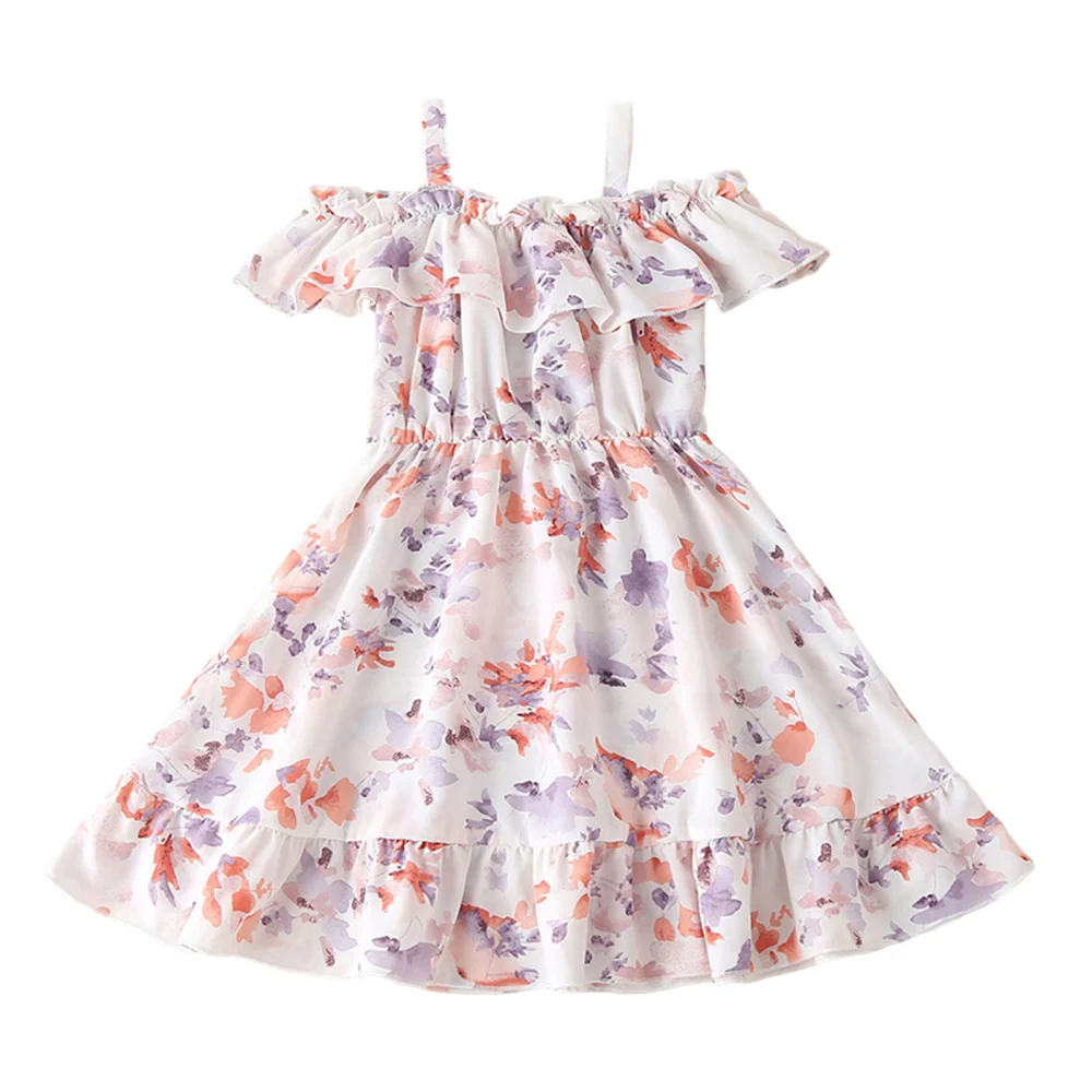 Kids Dress, Floral/Dot Print Flounce Off-Shoulder Short Sleeve Skirt