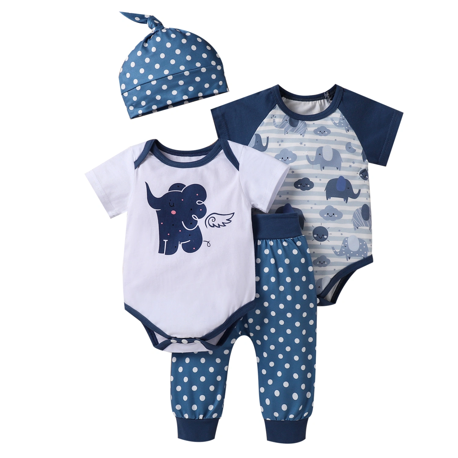 Color Block Elephant Pattern Rompers + Dot Print Pants + Knotted Hat