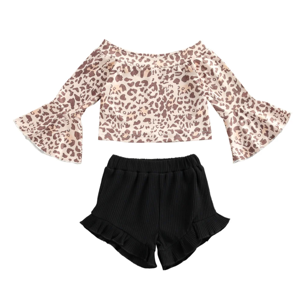 Girl’s Leopard Trumpet Sleeve T-shirt and Solid Color Short Pants Set