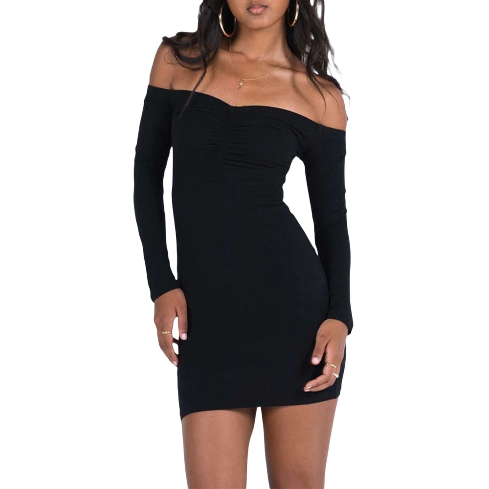 Women Long Sleeve Off-shoulder Dress Solid Color Bodycon Party Dress