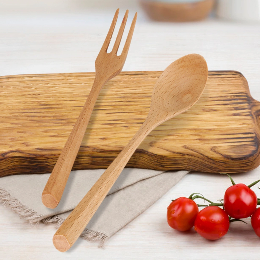 Natural Wooden Spoon and Fork Set Dessert Tableware for Kitchen Utensil(Spoon and Fork)