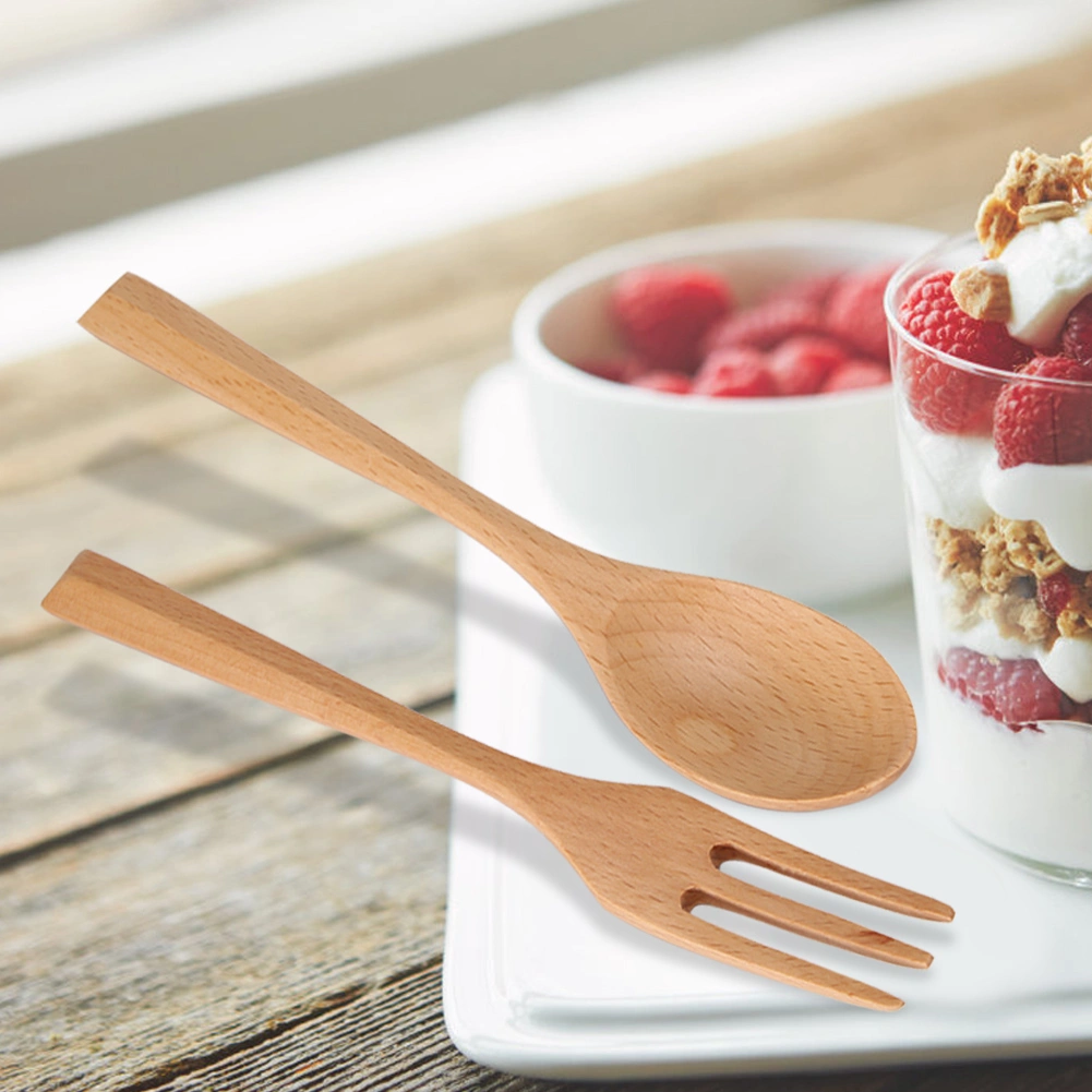 Natural Wooden Spoon and Fork Set Dessert Tableware for Kitchen Utensil(Spoon and Fork)