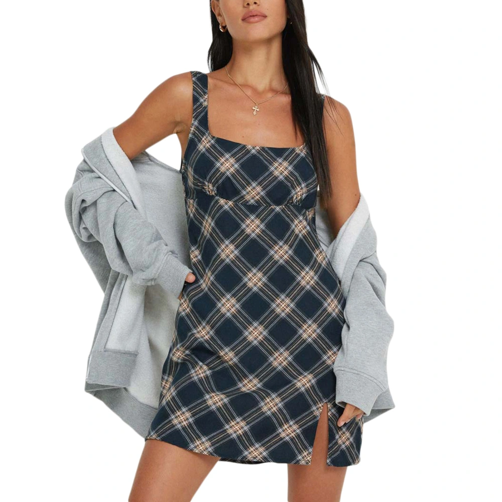 Women Sleeveless Mini Bodycon Dress Fashion Plaid Slit Dress