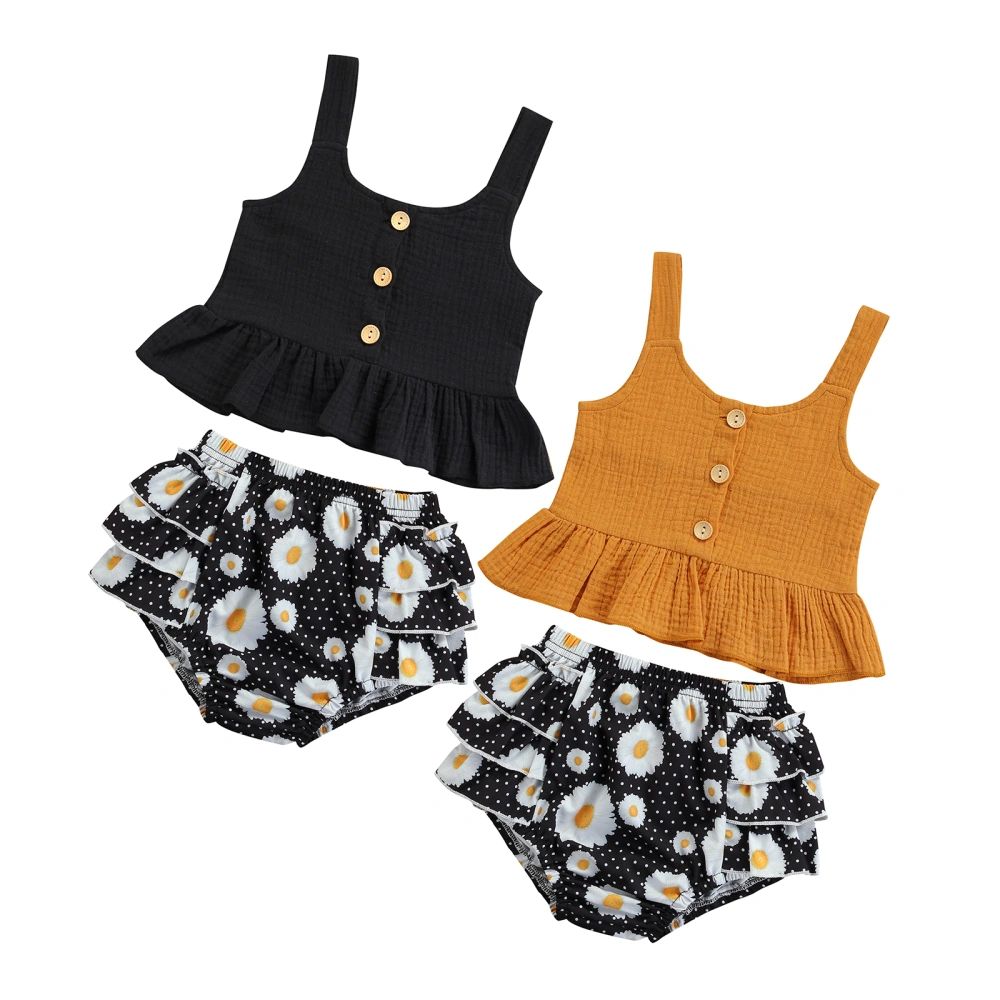 Kids Summer Tracksuit, Solid Color Frilly Tank Tops + Flower Pantie