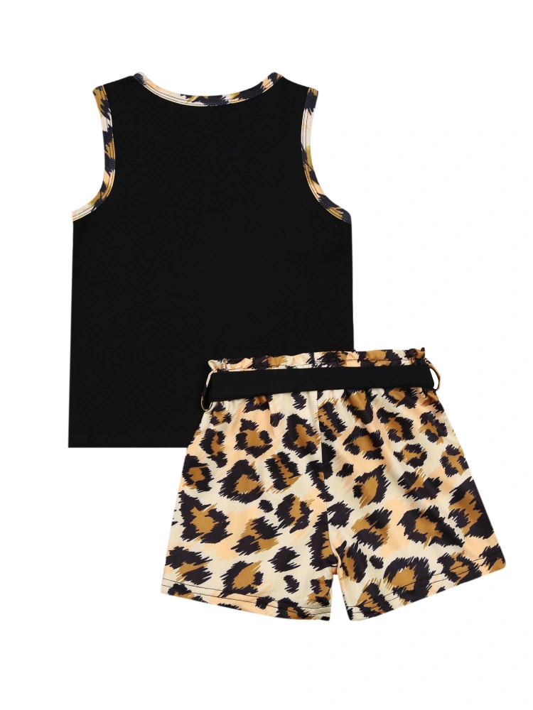 Girls Leopard Print Clothes Set, Sleeveless O-neck Vest+Elastic Waist Shorts