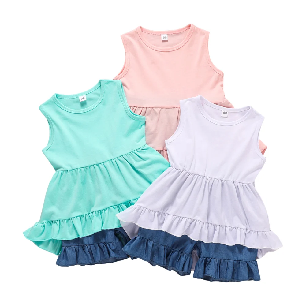 Girls Solid Color Clothes Set, Irregular Hem Tops+Short Jeans