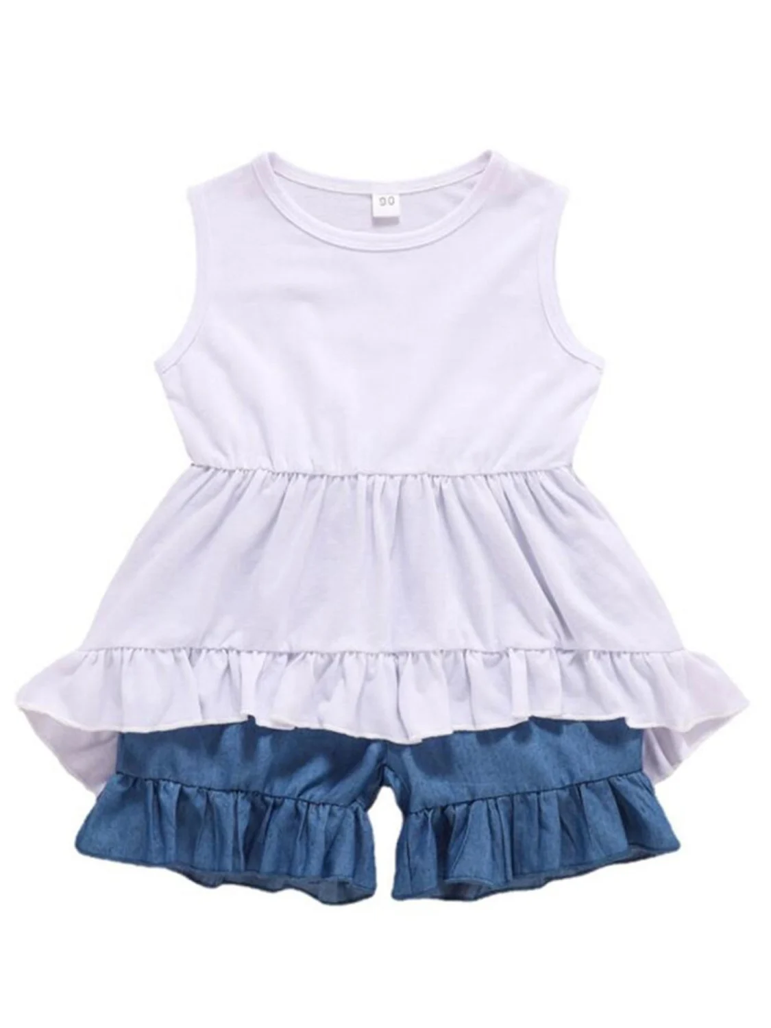 Girls Solid Color Clothes Set, Irregular Hem Tops+Short Jeans