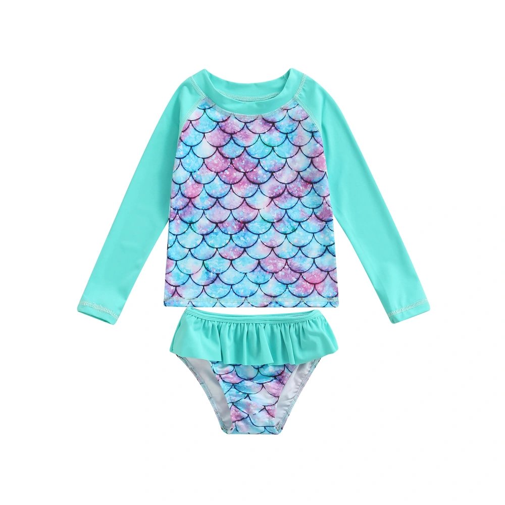 Girl’s Mermaid Print Long Sleeve Tops and Ruffles Shorts Swimsuit Set