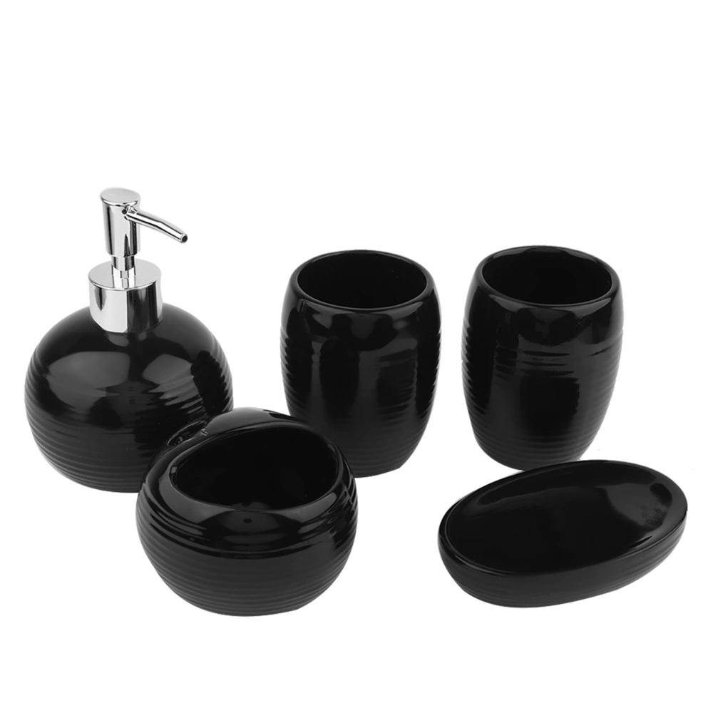 5Pcs Bathroom Accessories Ceramic Dispenser Toothbrush Holder Bath Set (Black)