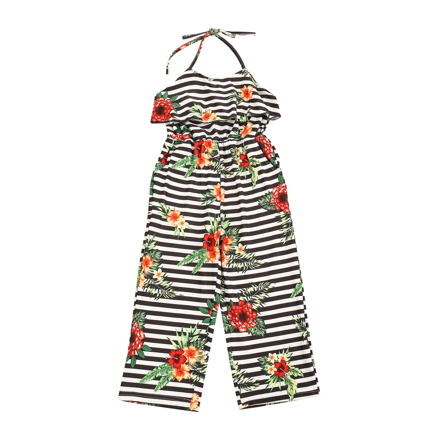 Kids Girls Halter Striped Floral Print Jumpsuit Stylish Jumpsuit