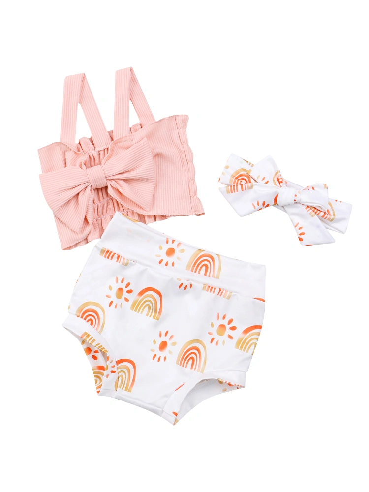 Baby Girls 2PCS Summer Outfits, Bow Strap Tops + Shorts + Headband