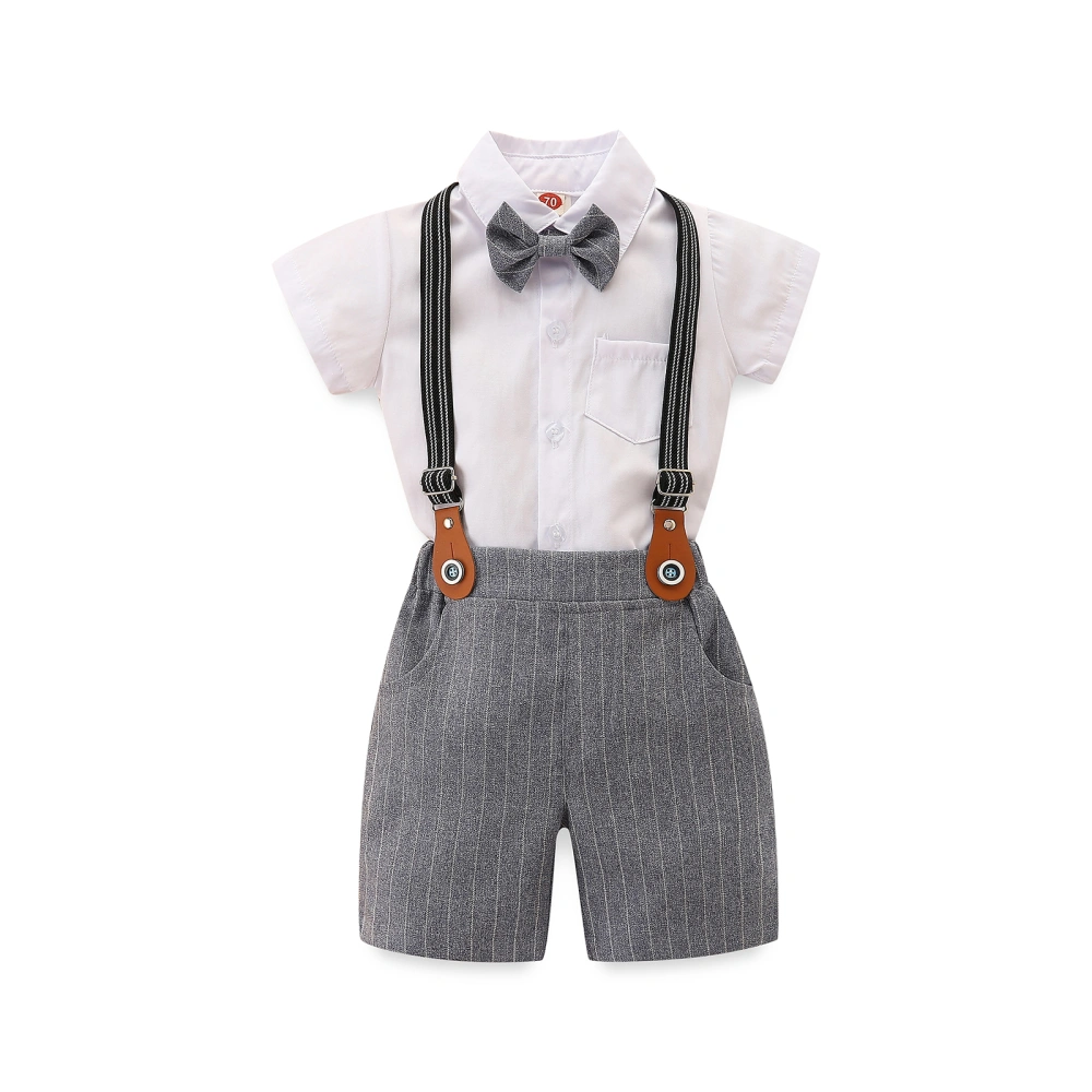 Baby Boys White Short Sleeve Lapel Romper + Striped Suspender Shorts