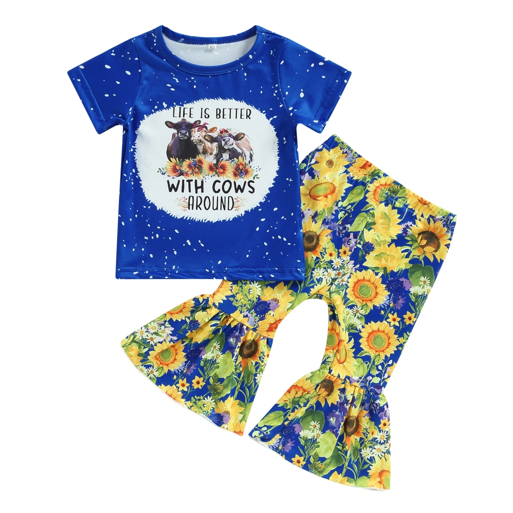 Toddler Girl Spring Outfits, Cow T-Shirt + Sunflower Flare Pants Set