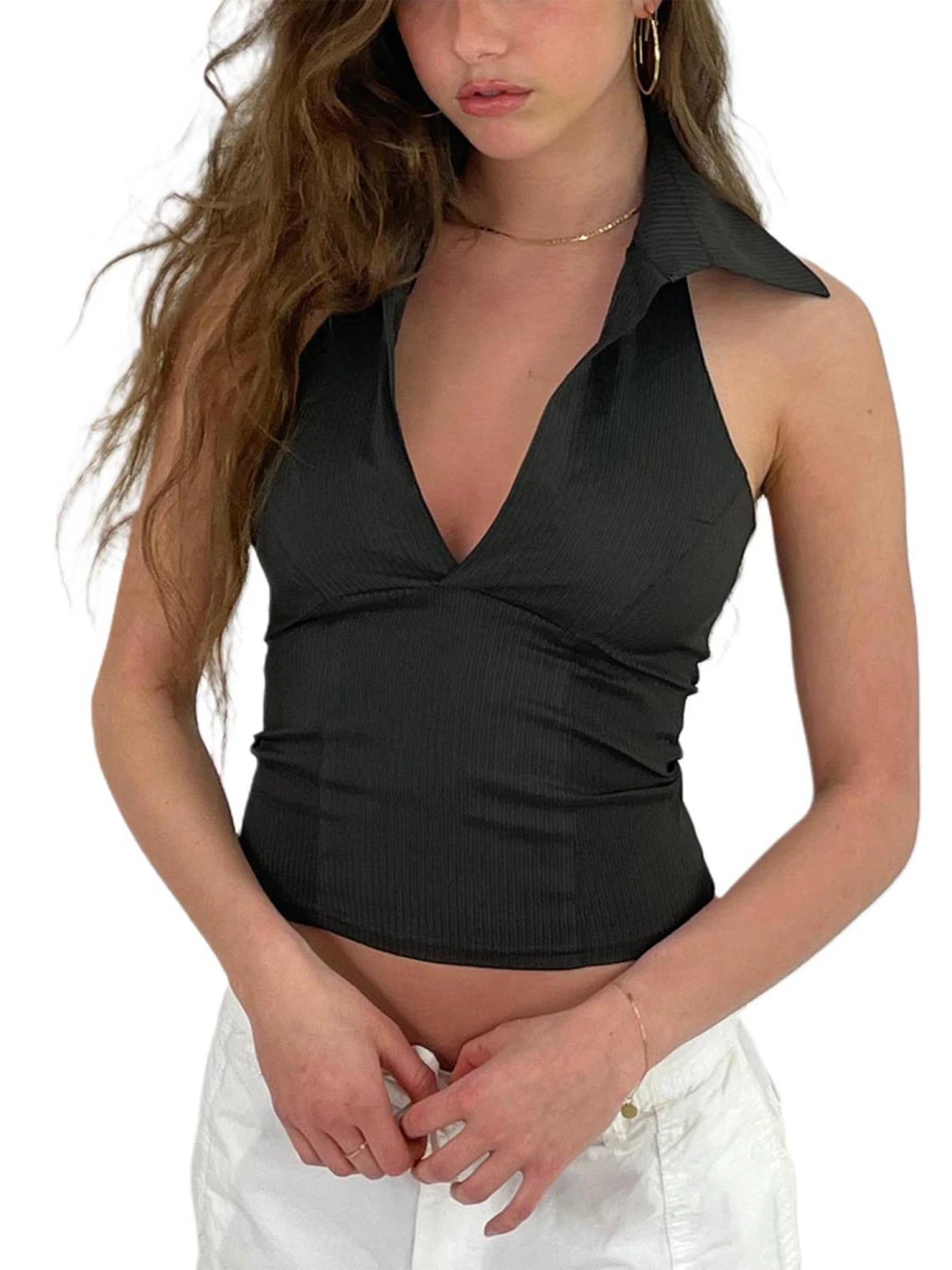 Women Summer Halterneck Tops V-neck Solid Color Backless Crop Tops