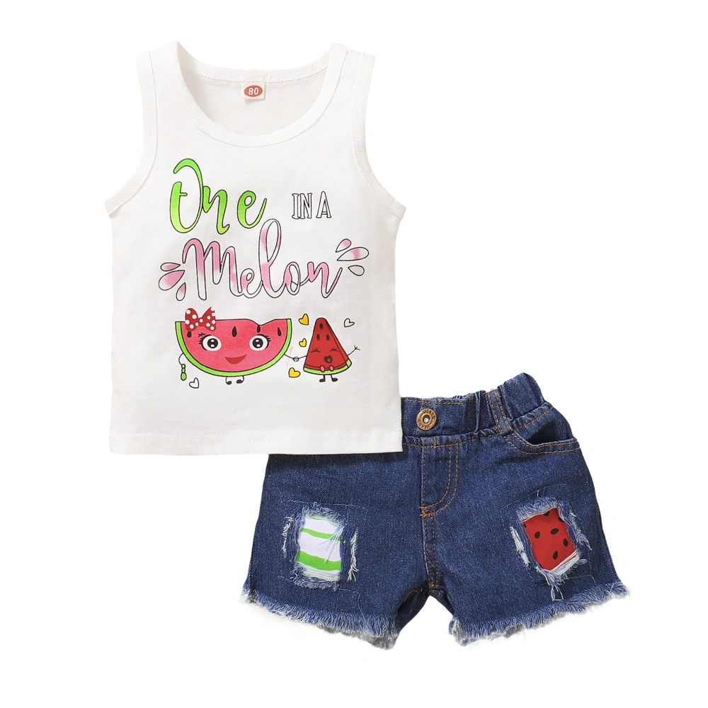 Girls Boys Clothing Set, Round Neck Printed Vest + Ripped Shorts