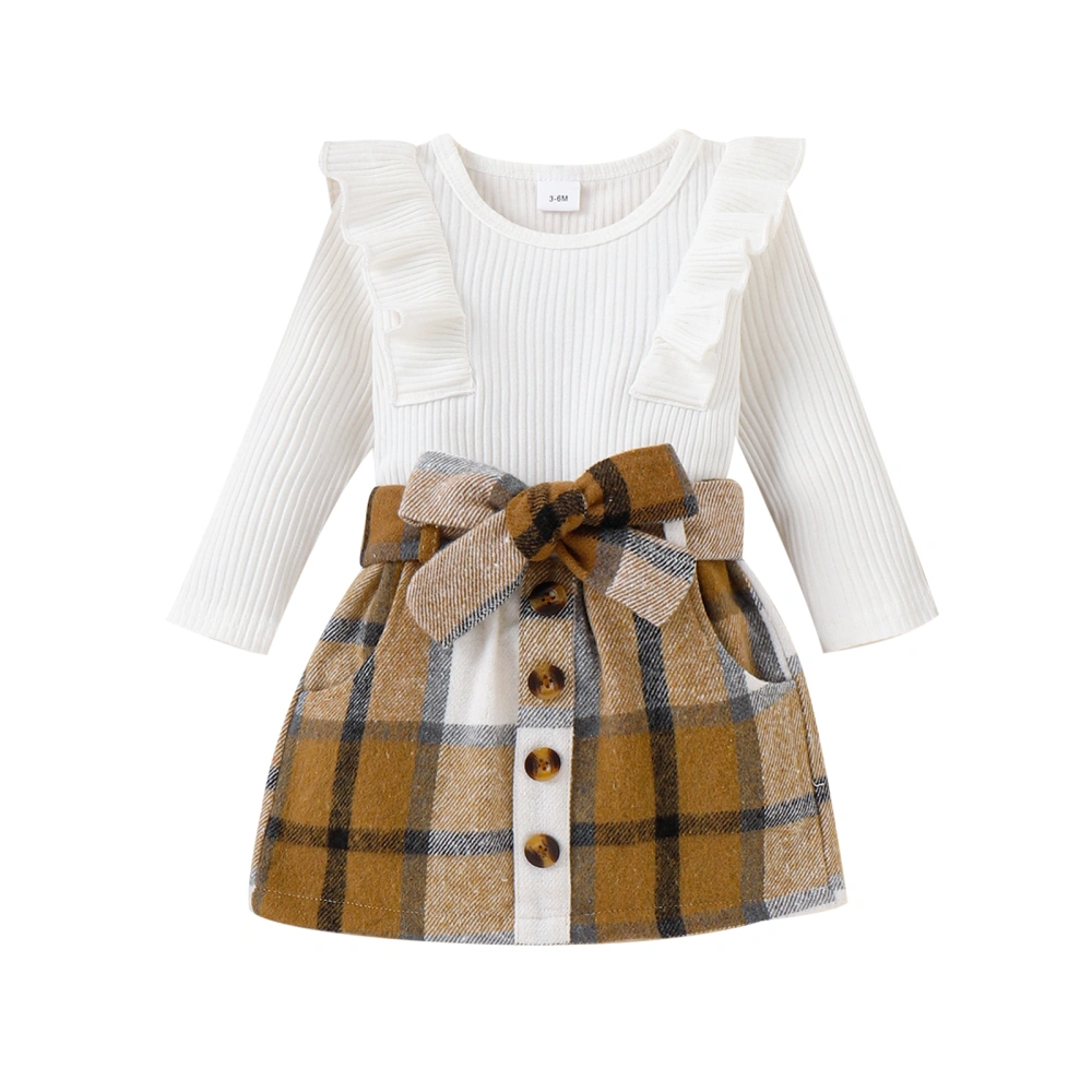 Baby Solid Color Long Sleeve Ruffle Romper + Plaid Skirt with Belt