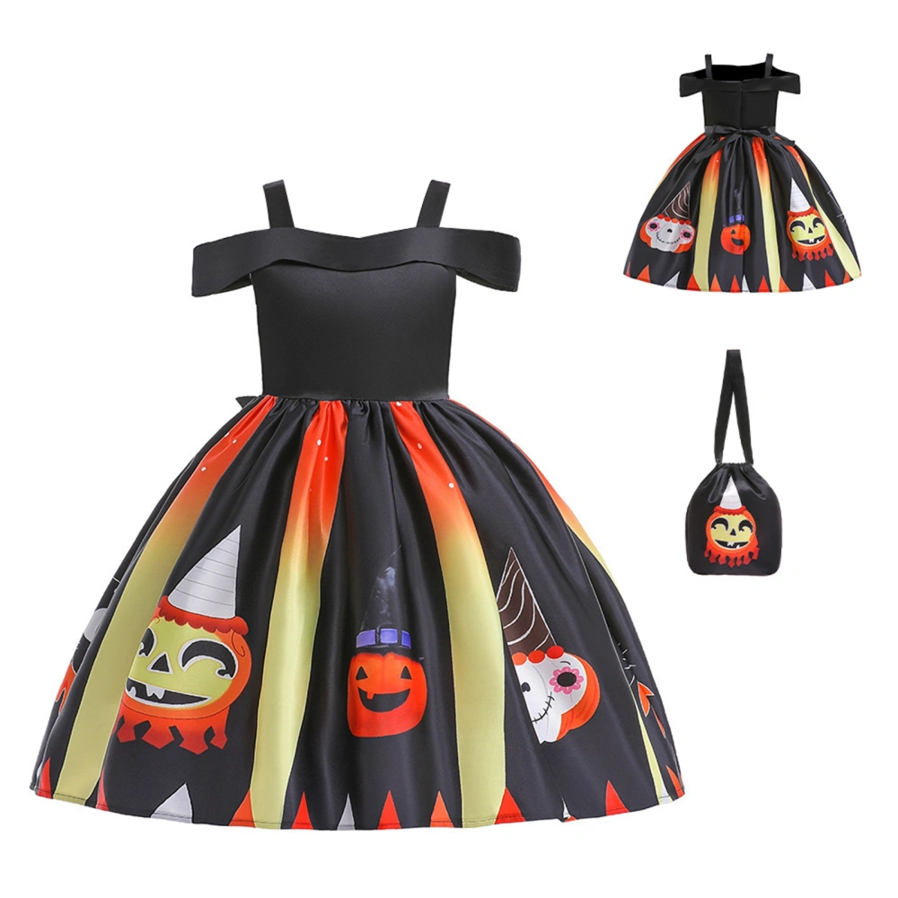 Kid Girl Halloween Pumpkin Print High Waist Summer Pleated Dress+ Bag 