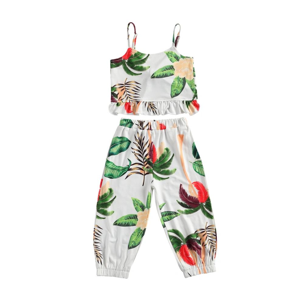 Plant Print Sleeveless Ruffle Tank Top with Spaghetti Strap + Trousers