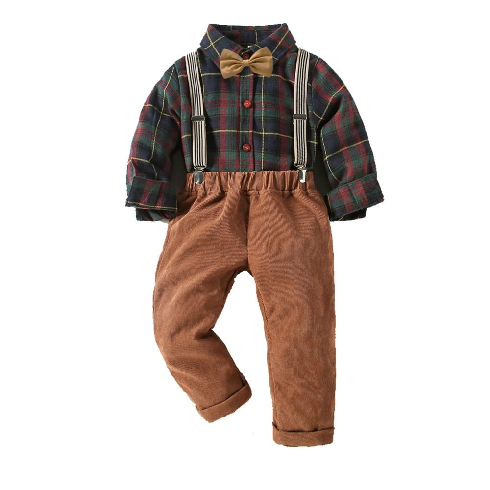 Kids Boys Pants Set, Plaid Shirt + Suspender Pants + Bow Tie